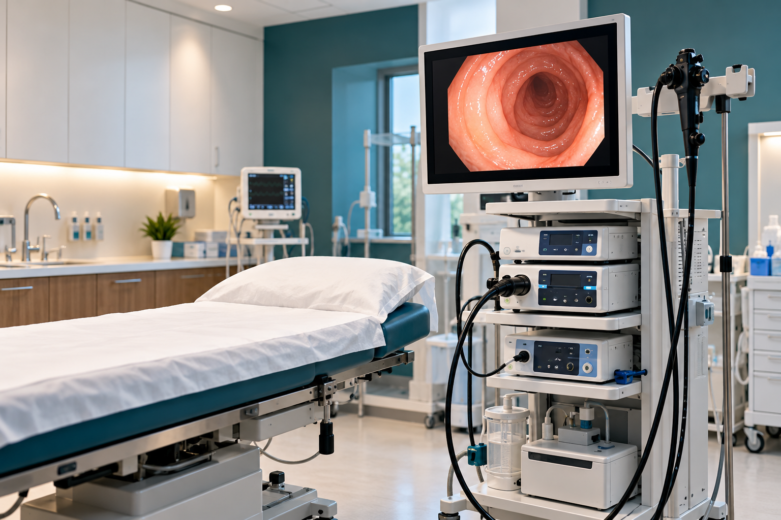 Salle d’endoscopie préparée pour une fibroscopie digestive